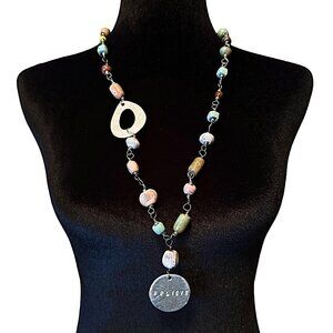 Long Beaded Necklace Believe Pendant Pottery Beads Green Blue Silver Tone